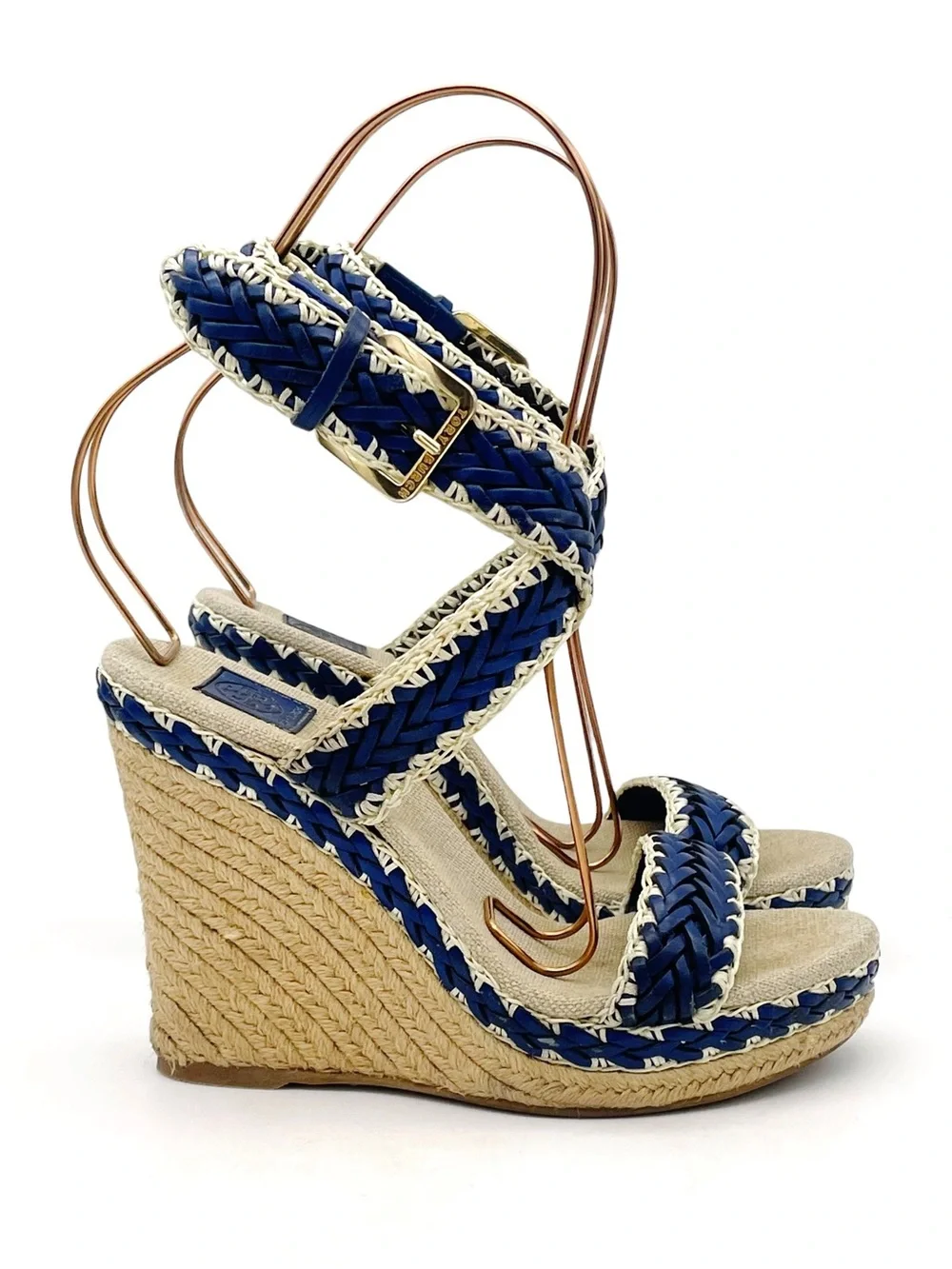 Tory Burch Lilah Espadrille Wedge Sandals Size 37 Cobalt Natural Braided Leather